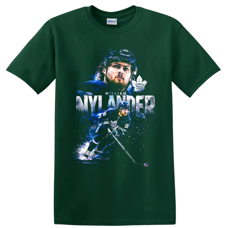 William Nylander Toronto Maple Leafs icy blue hockey action graphic with No. 88 on a Forest Green T Shirt