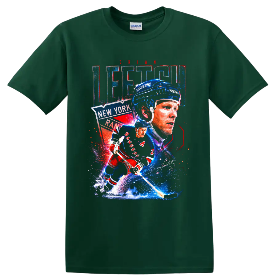 Brian Leetch New York Rangers retro hockey collage with action pose and signature on a Forest Green T Shirt
