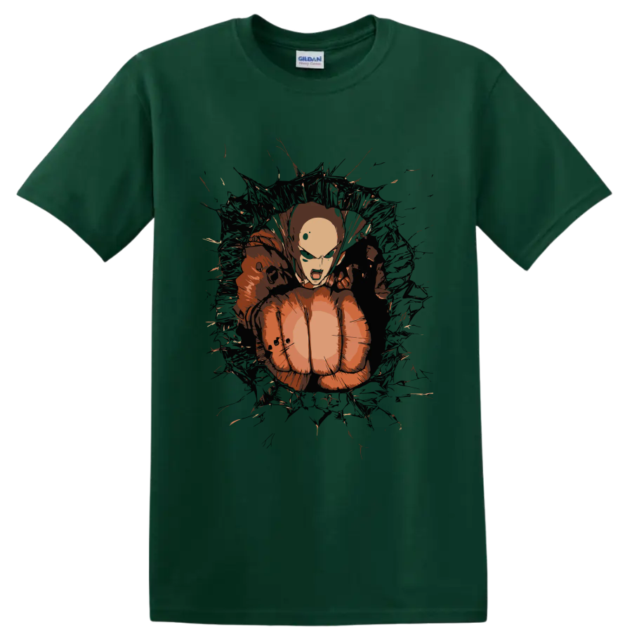 Saitama in a distressed anime action graphic from One-Punch Man on a Forest Green T Shirt