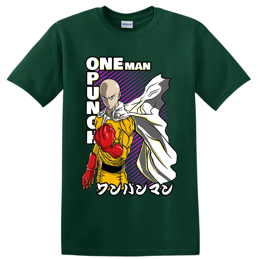 Saitama One-Punch Man action graphic with red glove, flowing cape, and magenta stripes on a Forest Green T Shirt