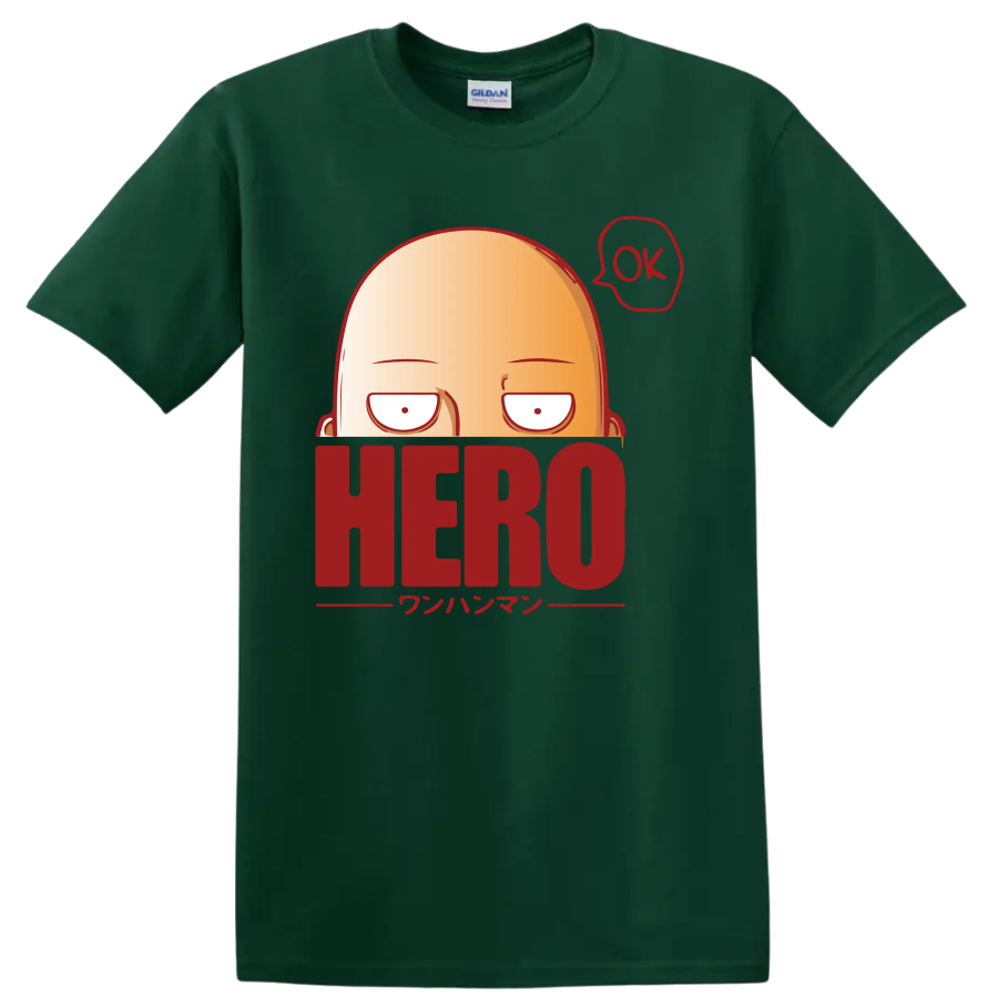 Saitama peeking over HERO lettering in a bold One-Punch Man cartoon graphic on a Forest Green T Shirt