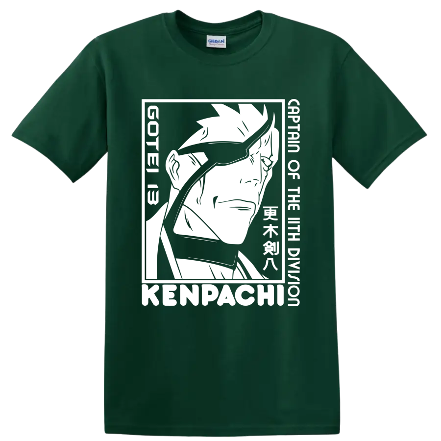 Kenpachi Zaraki black-and-white manga-style swordsman portrait graphic on a Forest Green T Shirt
