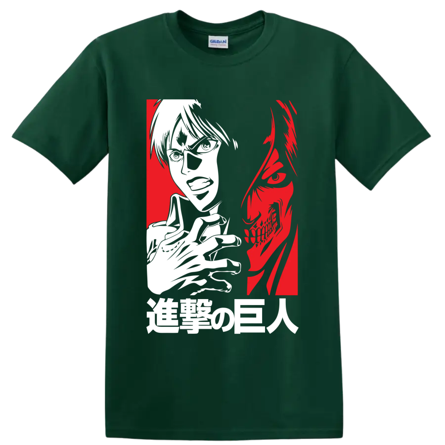 Eren Yeager and Attack Titan split-profile anime graphic on a Forest Green T Shirt