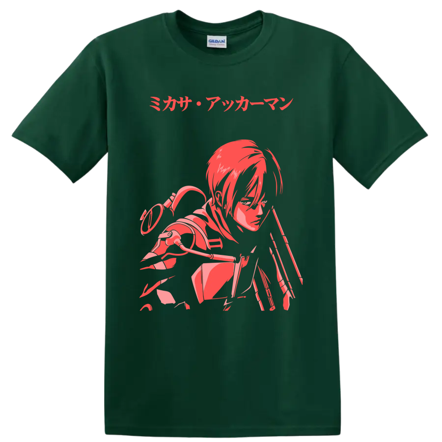 Mikasa Ackerman Attack on Titan red and pink anime action graphic with Japanese text on a Forest Green T Shirt