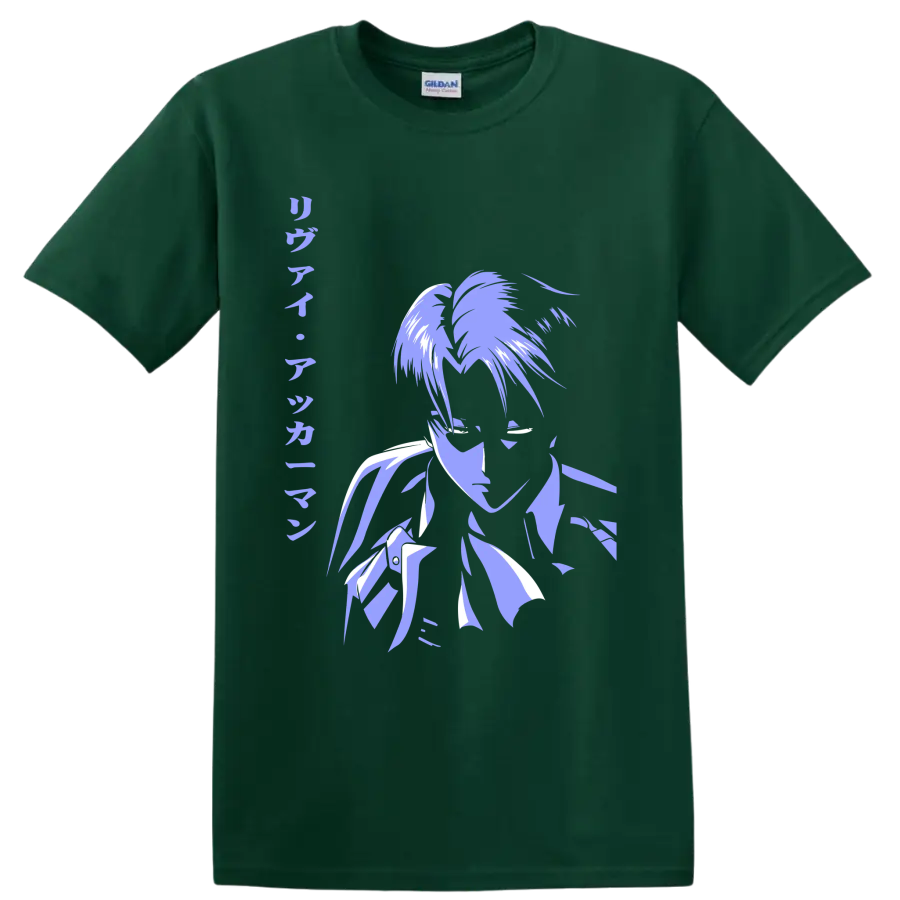 Levi Ackerman lavender and white manga-style portrait graphic from Attack on Titan on a Forest Green T Shirt