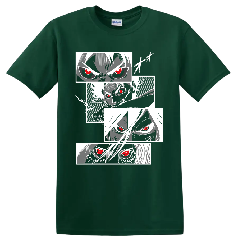 Eren Yeager Attack on Titan manga portrait collage with intense red-eyed faces on a Forest Green T Shirt