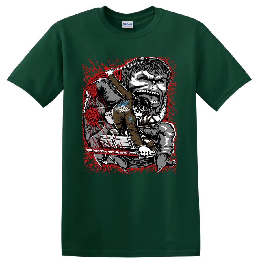 Levi Ackerman battling the Beast Titan in red splatter Attack on Titan manga art on a Forest Green T Shirt