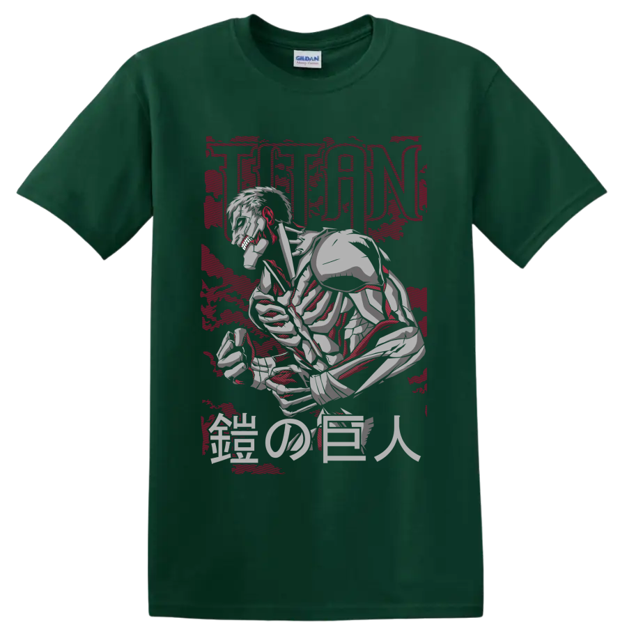 Armored Titan crouching in distressed manga art with TITAN and Japanese characters on a Forest Green T Shirt