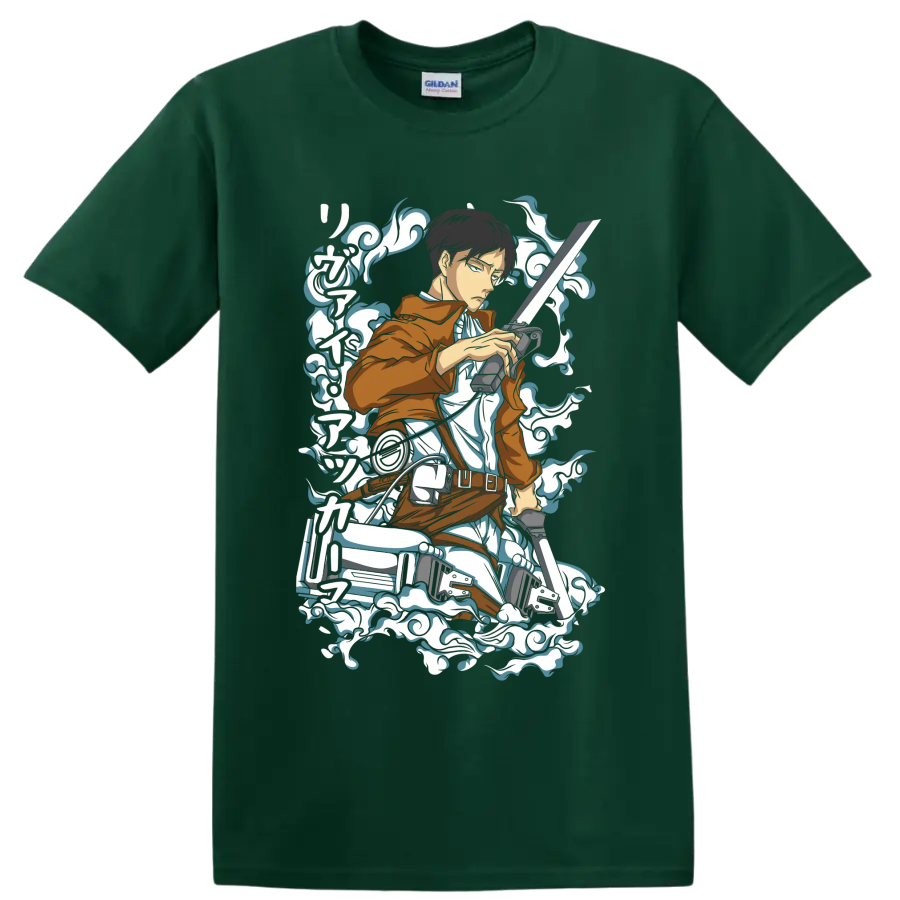 Levi Ackerman Scout Regiment action graphic with blades and swirling smoke accents on a Forest Green T Shirt
