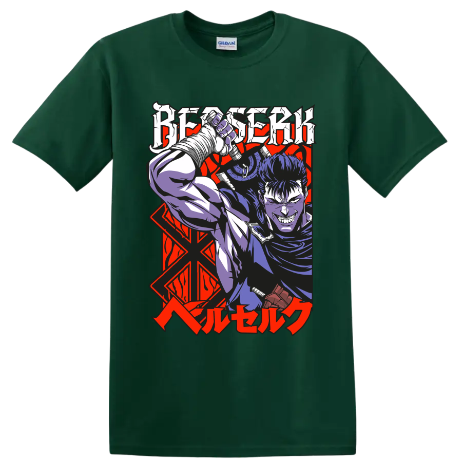 Guts from Berserk wielding a massive sword in bold gothic anime art on a Forest Green T Shirt