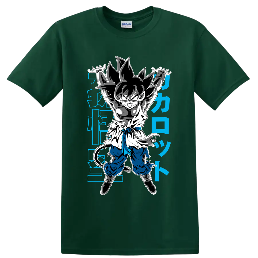 Kid Goku in a Genki Dama-inspired manga action pose with blue Japanese-style characters on a Forest Green T Shirt