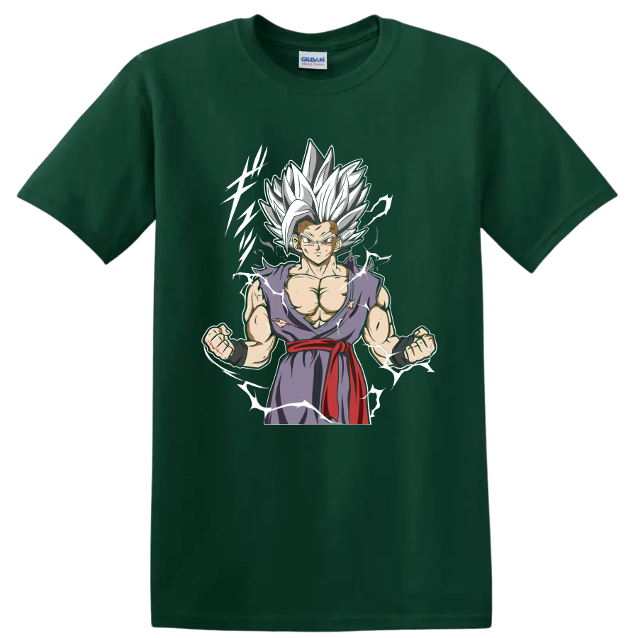 Gohan Beast anime graphic with white hair, torn purple gi, red sash, and energy accents on a Forest Green T Shirt