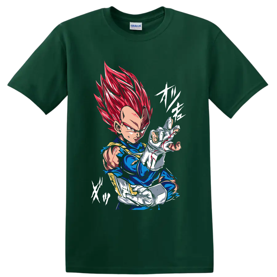 Vegeta Super Saiyan God in a fierce red-haired anime battle pose on a Forest Green T Shirt