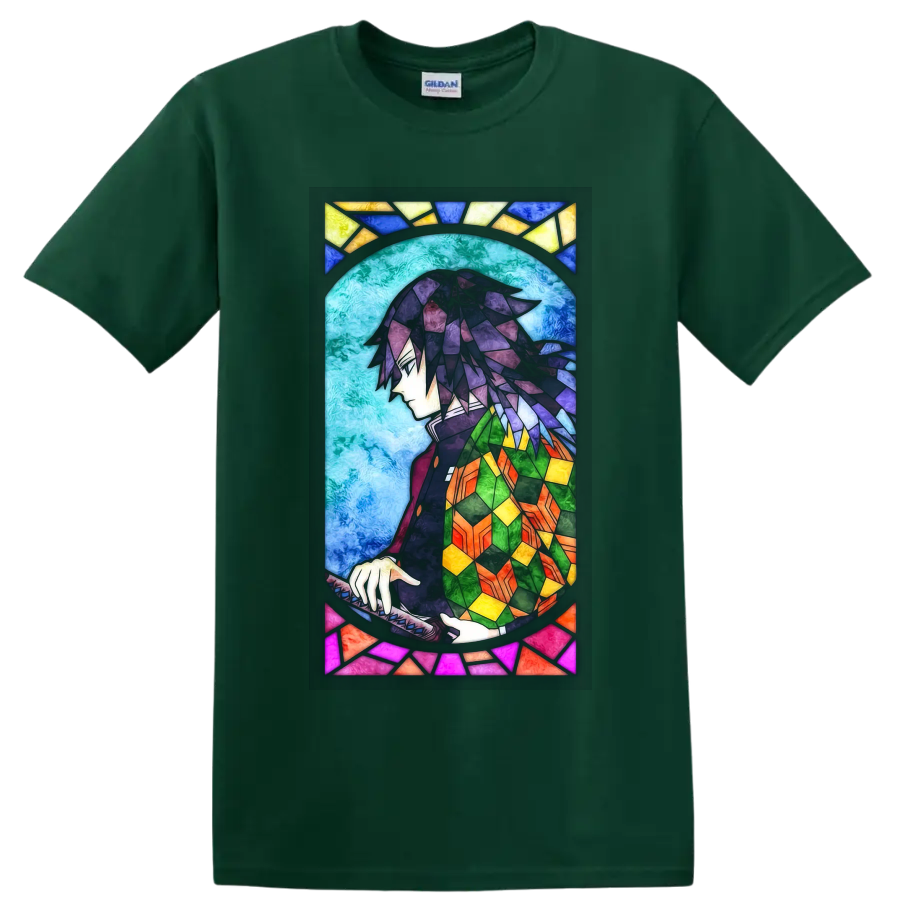 Giyu Tomioka stained-glass-style anime portrait with sword and colorful haori on a Forest Green T Shirt