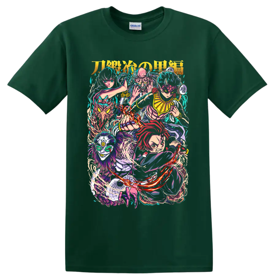 Tanjiro Kamado, Muichiro Tokito, and Hantengu in a vivid manga character collage on a Forest Green T Shirt