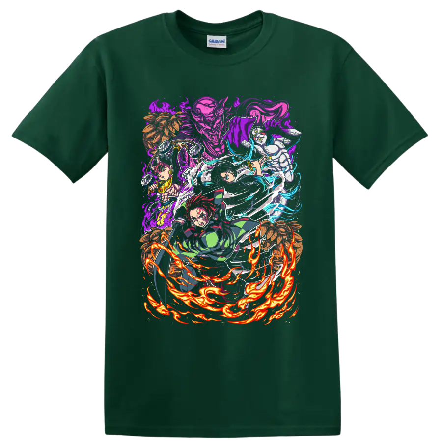 Demon Slayer Swordsmith Village anime battle art with Tanjiro, Hashira, and demons on a Forest Green T Shirt