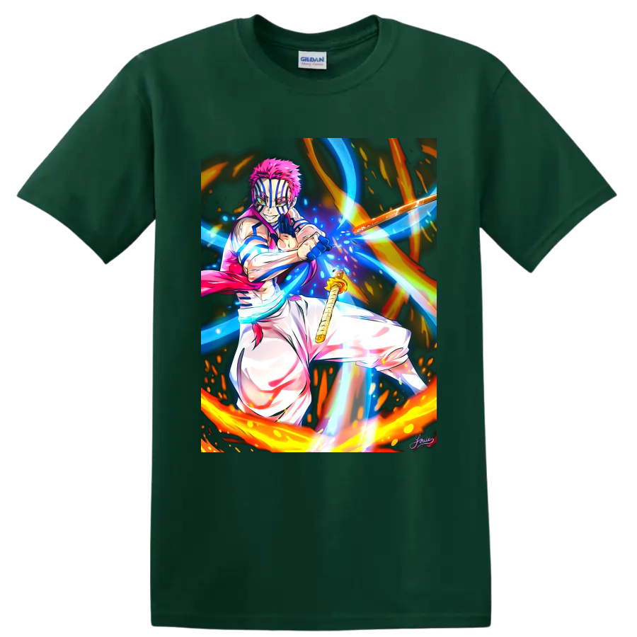 Akaza anime battle art with blue energy streaks, fiery arcs, and a sword on a Forest Green T Shirt