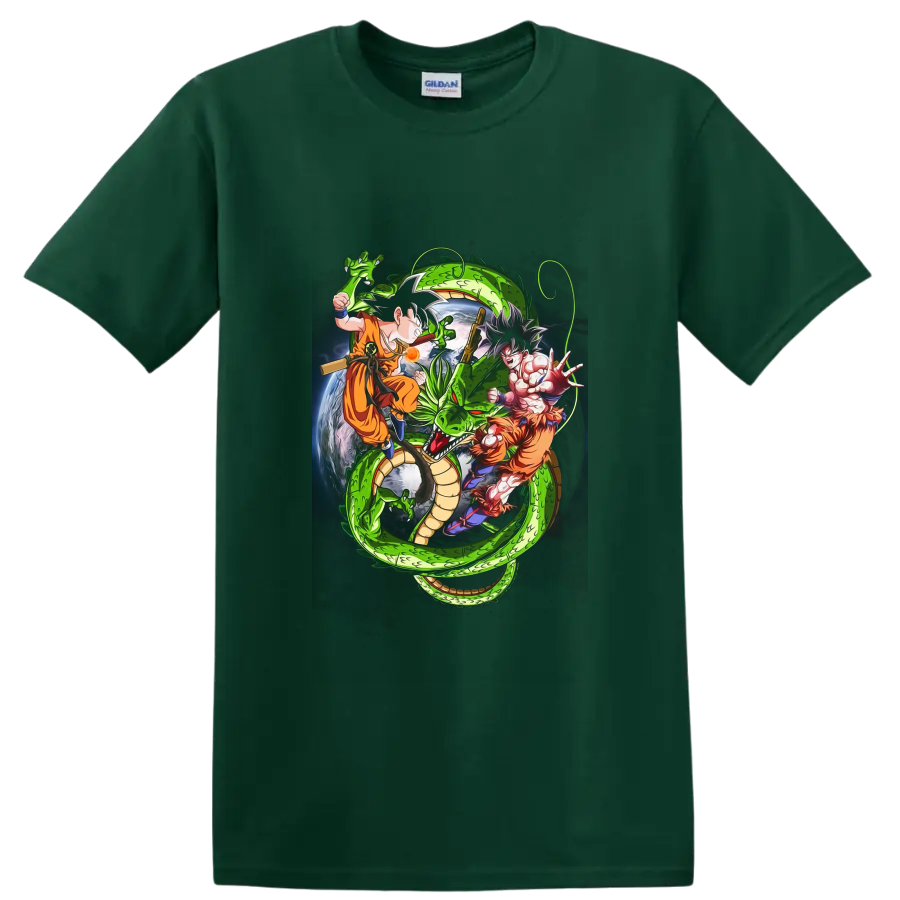 Goku and Shenron Dragon Ball manga-style action graphic with a cosmic Earth backdrop on a Forest Green T Shirt
