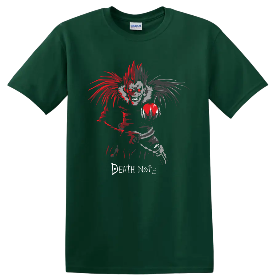 Ryuk holding an apple in distressed red and gray Death Note gothic anime art on a Forest Green T Shirt