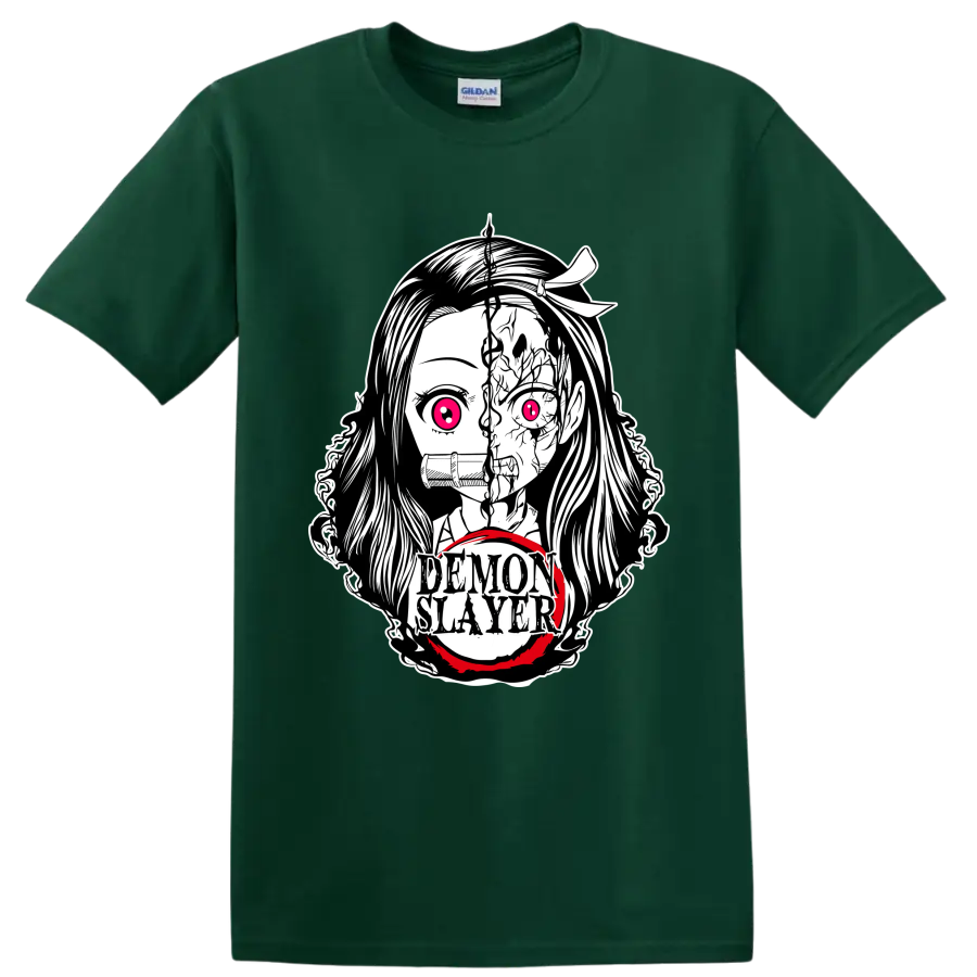 Nezuko Kamado split demon-form manga portrait with bamboo muzzle and Demon Slayer text on a Forest Green T Shirt