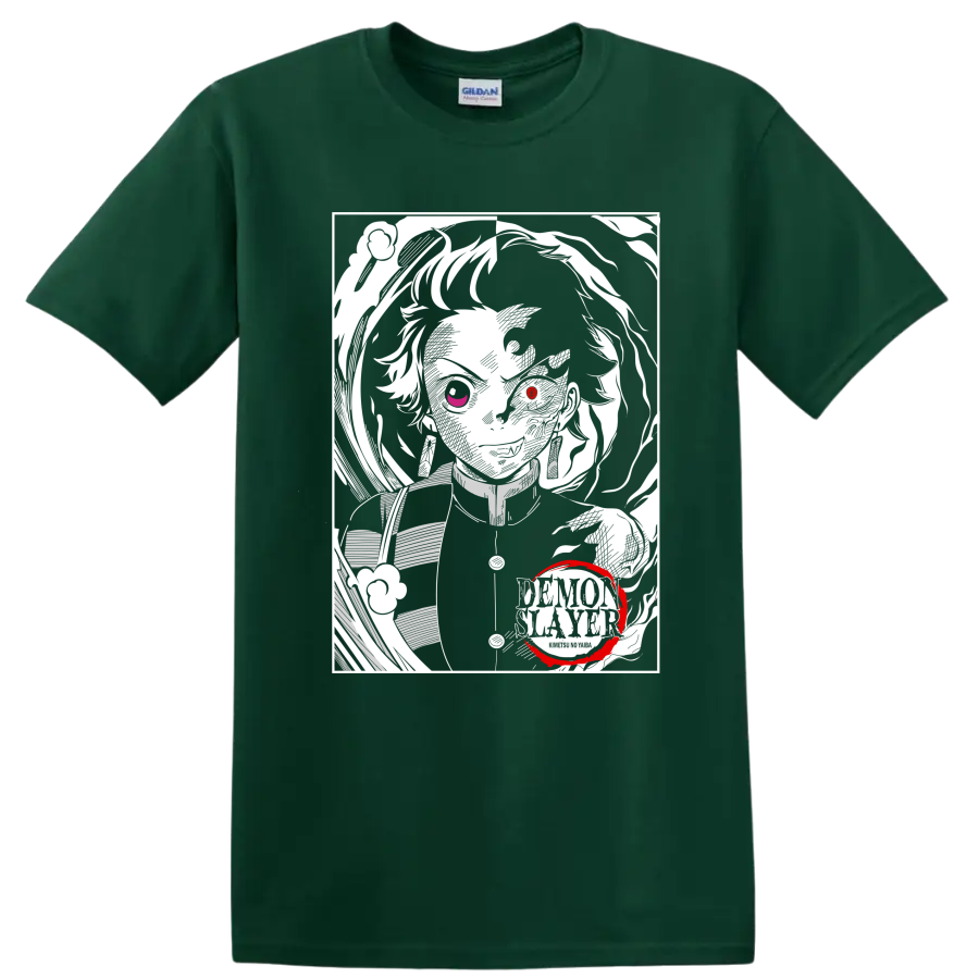 Rui from Demon Slayer in a high-contrast monochrome portrait with red accents on a Forest Green T Shirt