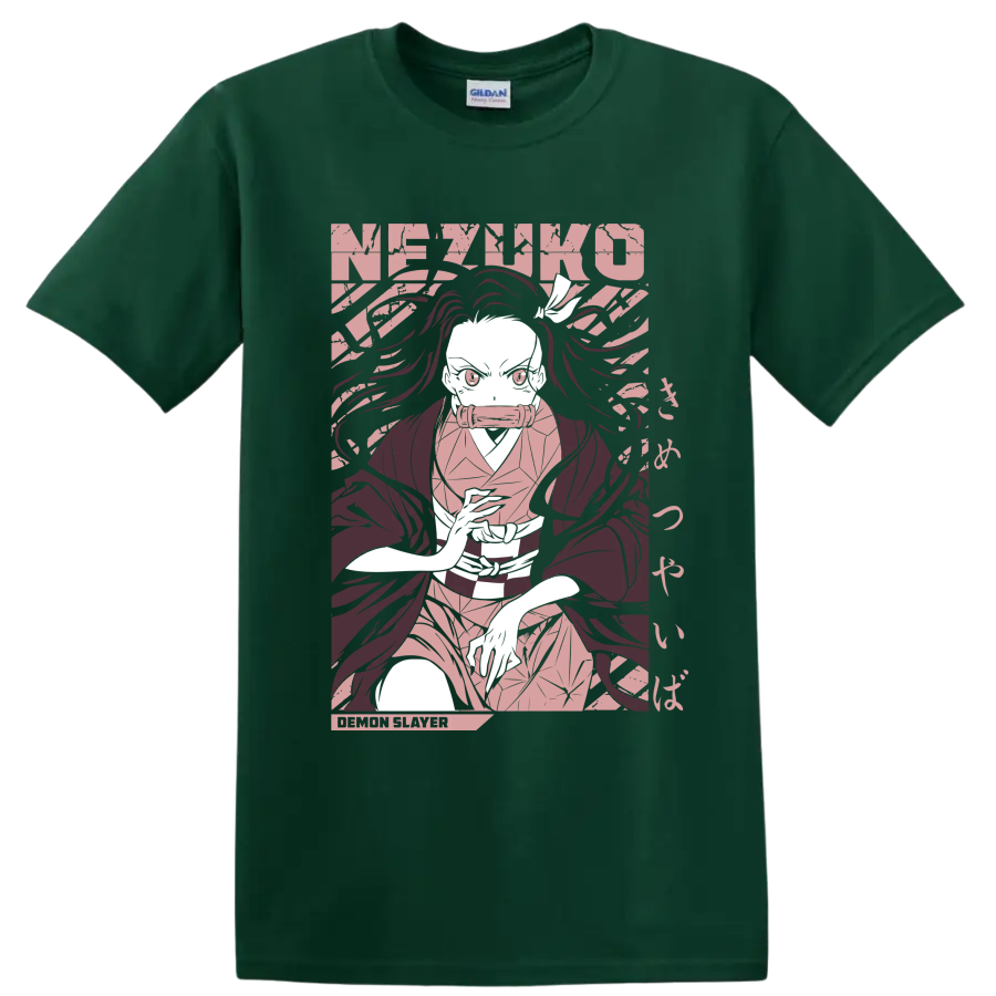 Nezuko Kamado manga-style portrait with flowing hair and bamboo muzzle on a Forest Green T Shirt