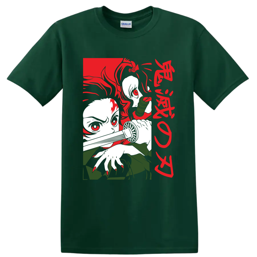 Tanjiro and Nezuko Kamado manga-style graphic with Nezuko's bamboo muzzle on a Forest Green T Shirt