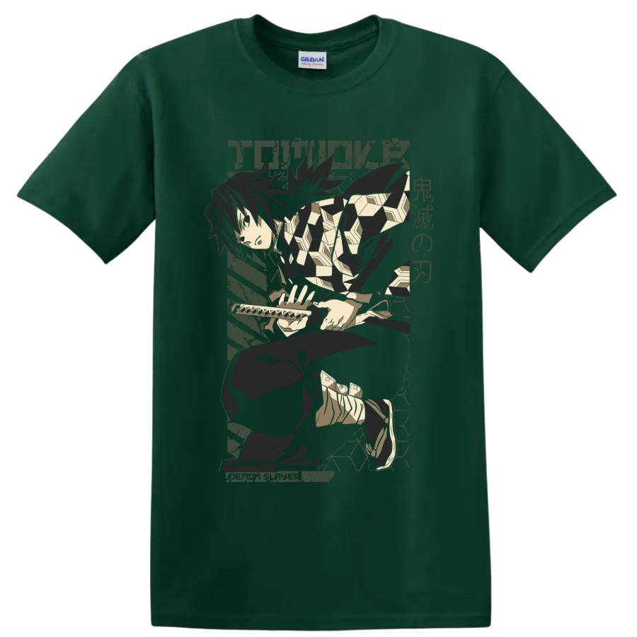 Giyu Tomioka seated with sword in a muted geometric anime graphic on a Forest Green T Shirt