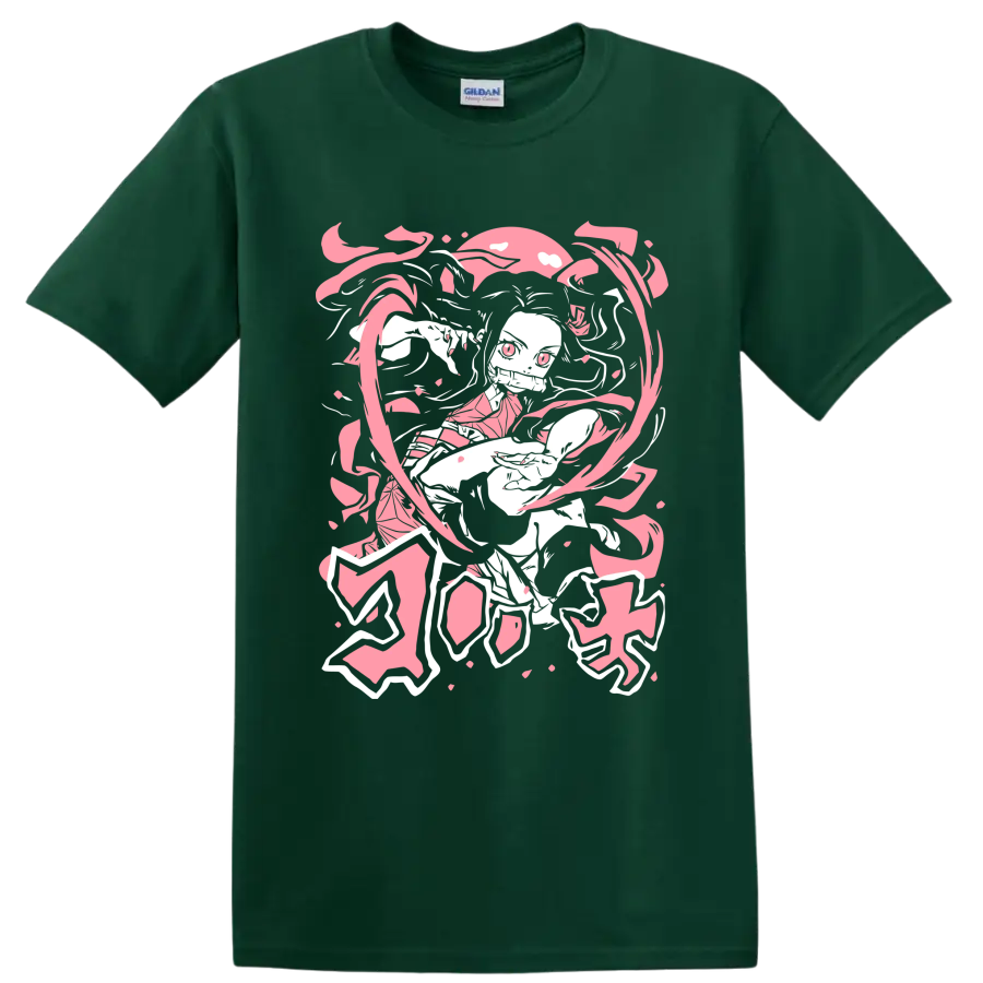 Nezuko Kamado manga-style portrait with pink petals and flowing ribbon shapes on a Forest Green T Shirt
