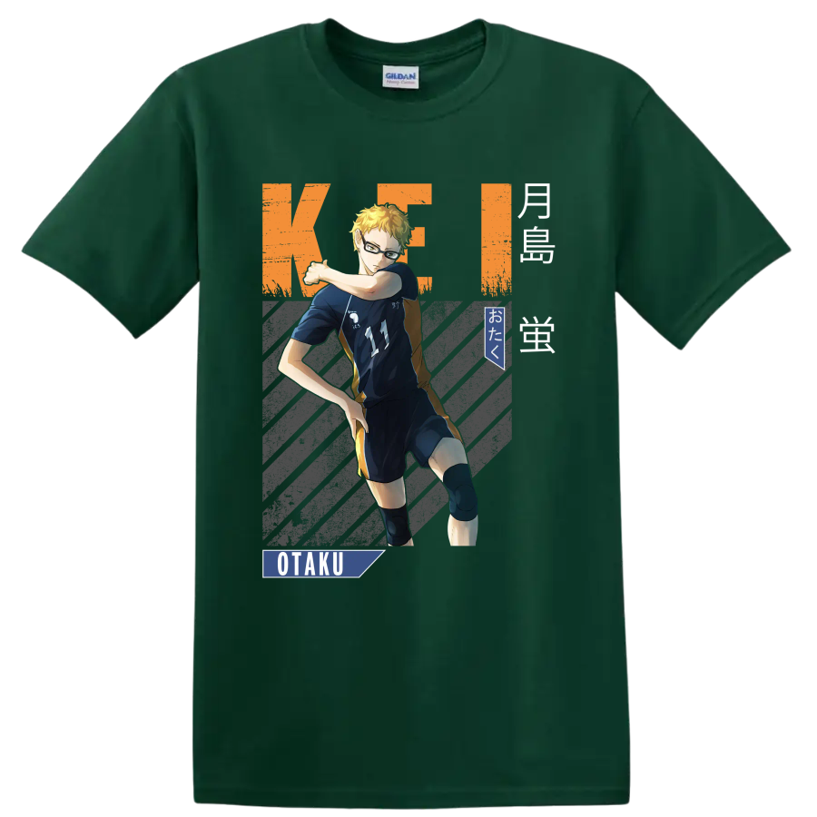 Kei Tsukishima volleyball anime graphic with Karasuno number 11 and OTaku text on a Forest Green T Shirt