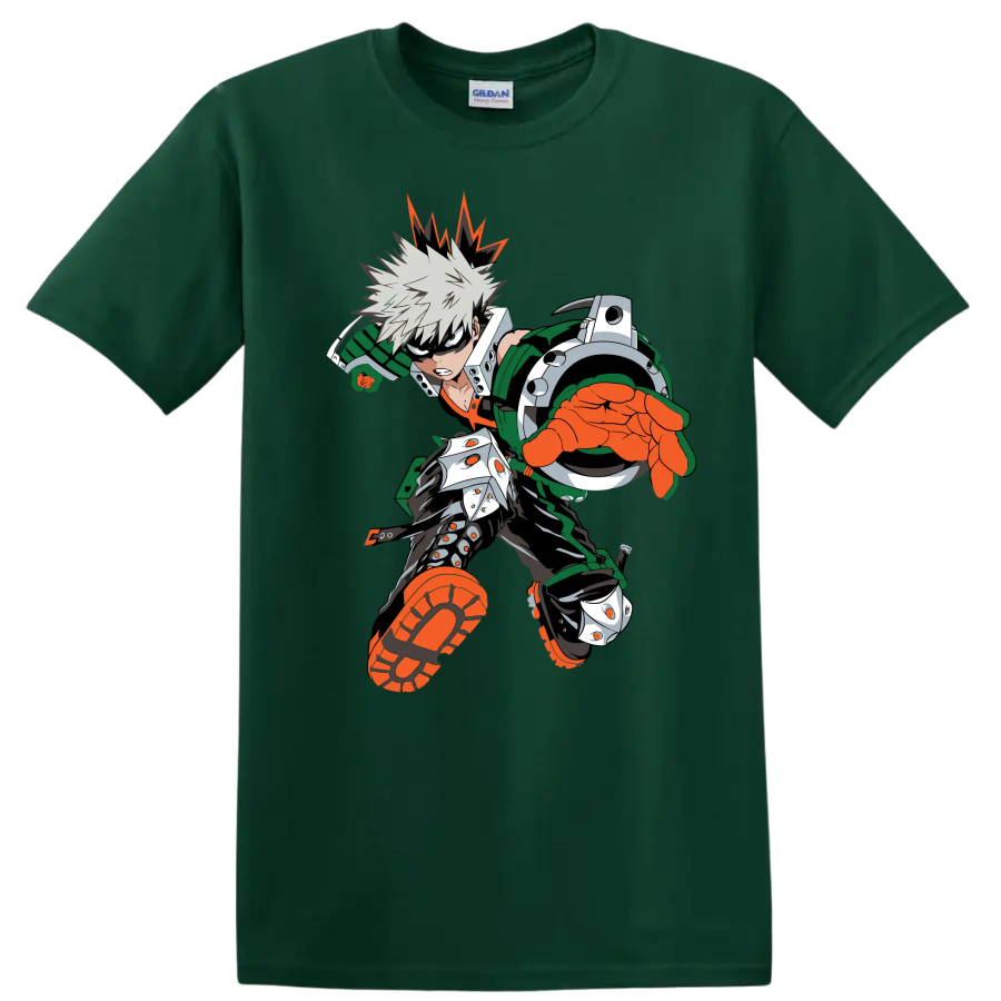Katsuki Bakugo as Dynamight in a bold forward-charging anime action graphic on a Forest Green T Shirt