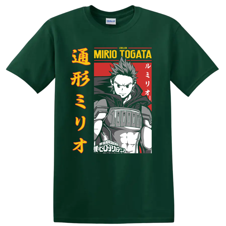 Mirio Togata Lemillion manga-style hero portrait with bold Japanese-inspired typography on a Forest Green T Shirt