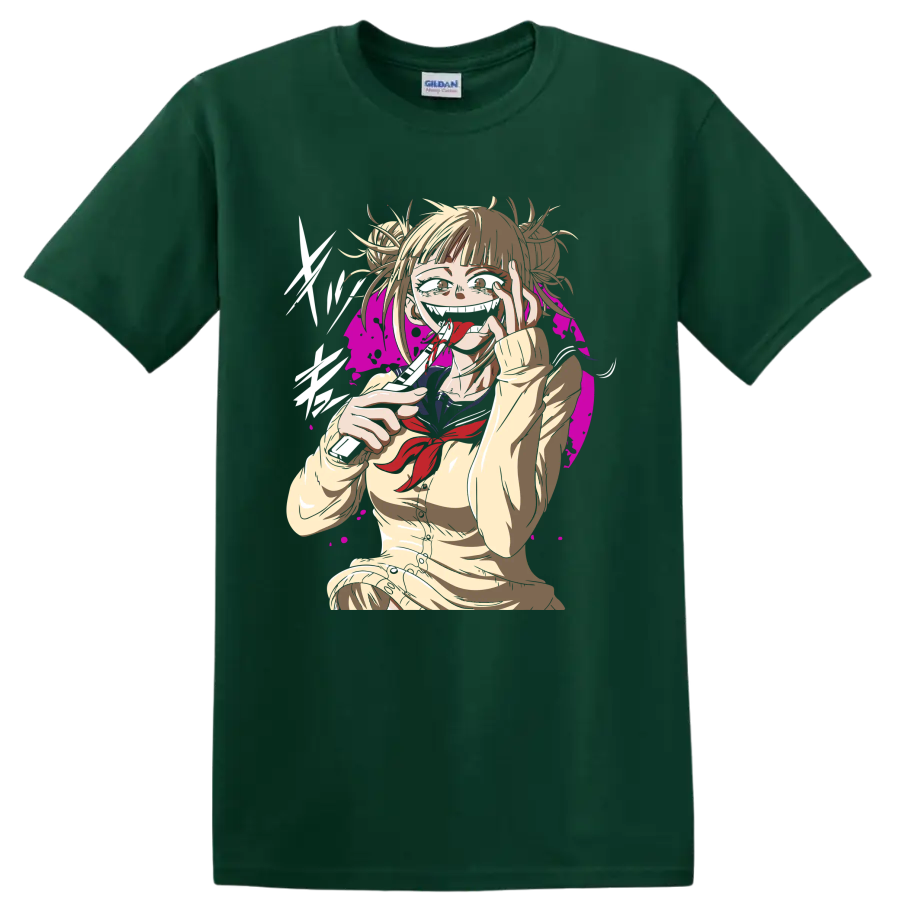 Himiko Toga anime illustration with blood accents and magenta splatter backdrop on a Forest Green T Shirt