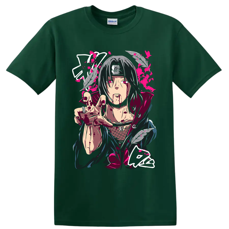 Itachi Uchiha dark manga portrait with feathers, crimson splatter, and pink accents on a Forest Green T Shirt