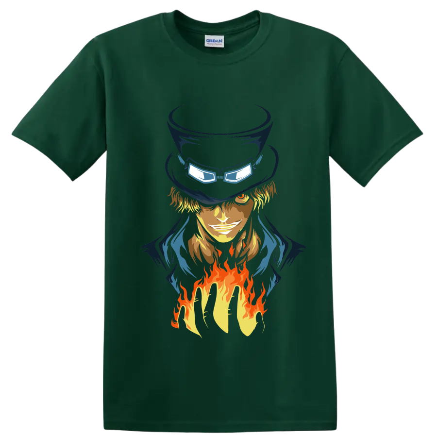 Sabo One Piece anime portrait with tall hat, goggles, blue coat, and rising flames on a Forest Green T Shirt