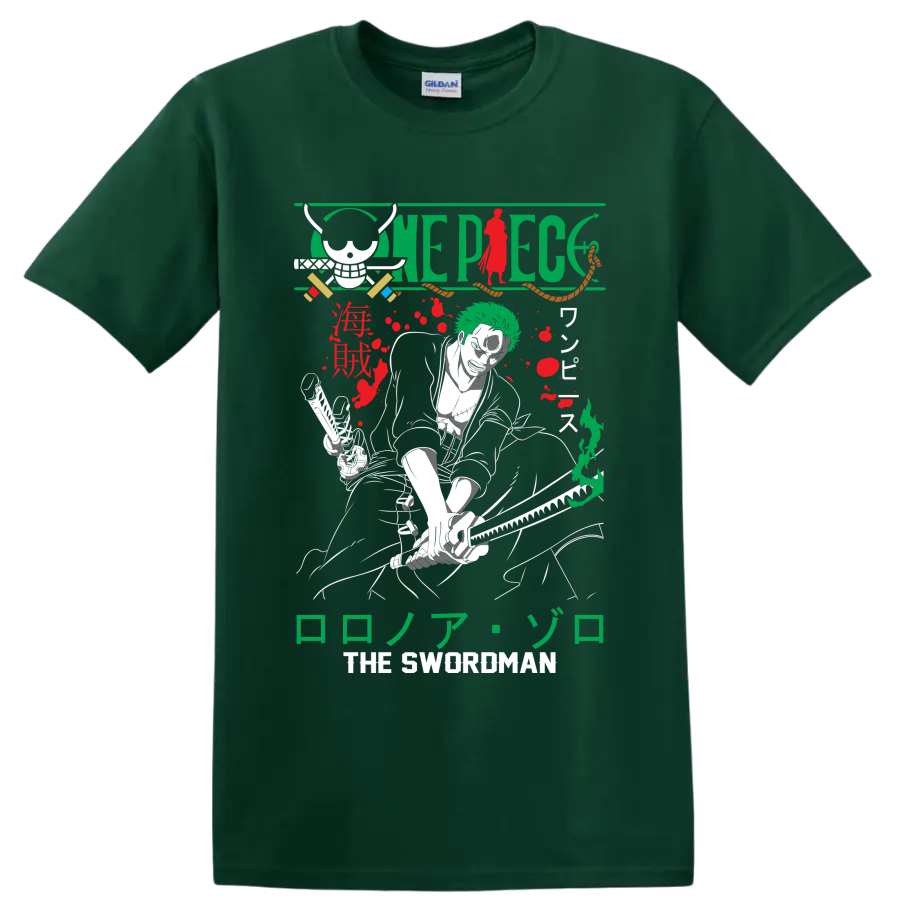 Roronoa Zoro One Piece manga swordsman graphic with skull, swords, and Japanese lettering on a Forest Green T Shirt