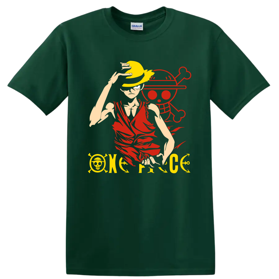 Monkey D. Luffy in a straw hat before a pirate skull anime graphic on a Forest Green T Shirt