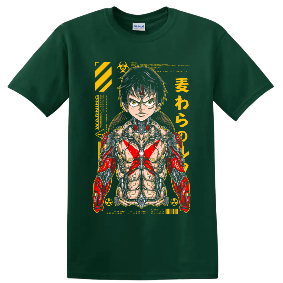Monkey D. Luffy cyborg mecha manga portrait with red armor and yellow technical accents on a Forest Green T Shirt