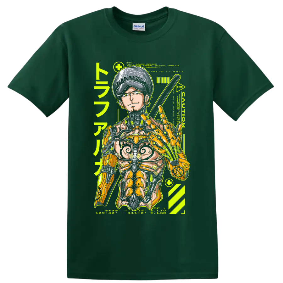 Trafalgar Law cyborg mecha manga graphic with sword and mechanical armor on a Forest Green T Shirt
