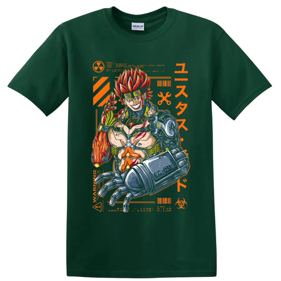 Eustass Kid with mechanical arm in fiery orange cyberpunk manga graphic on a Forest Green T Shirt