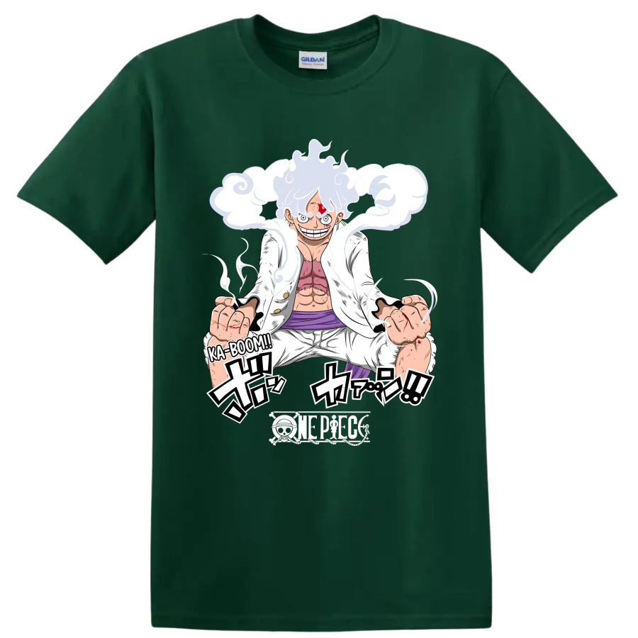 Monkey D. Luffy Gear 5 manga action art with swirling cloud effects on a Forest Green T Shirt