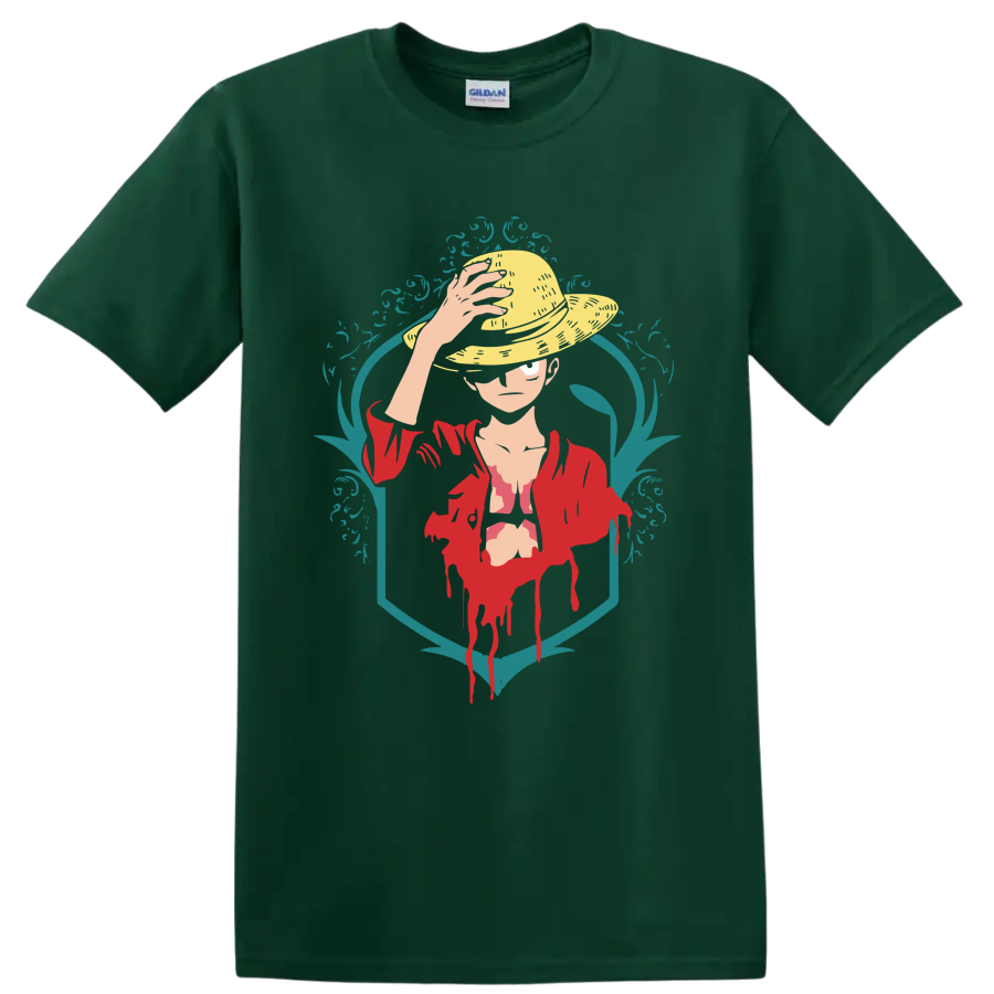 Monkey D. Luffy straw hat portrait in red jacket with teal ornamental graphic frame on a Forest Green T Shirt