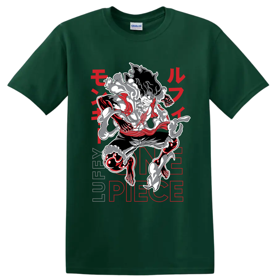 Monkey D. Luffy Gear 4 Snakeman manga-style action graphic with smoke effects on a Forest Green T Shirt