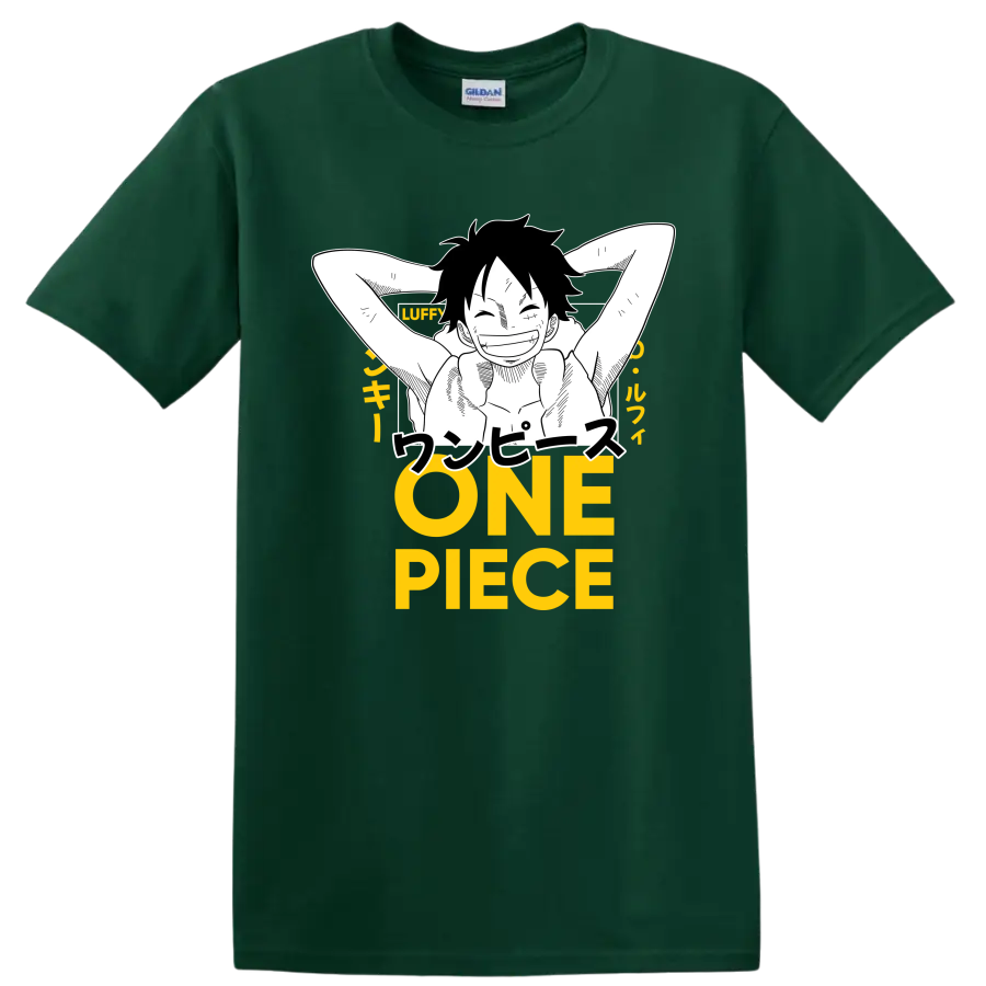 Monkey D. Luffy relaxed manga line art with Japanese text and yellow ONE PIECE lettering on a Forest Green T Shirt