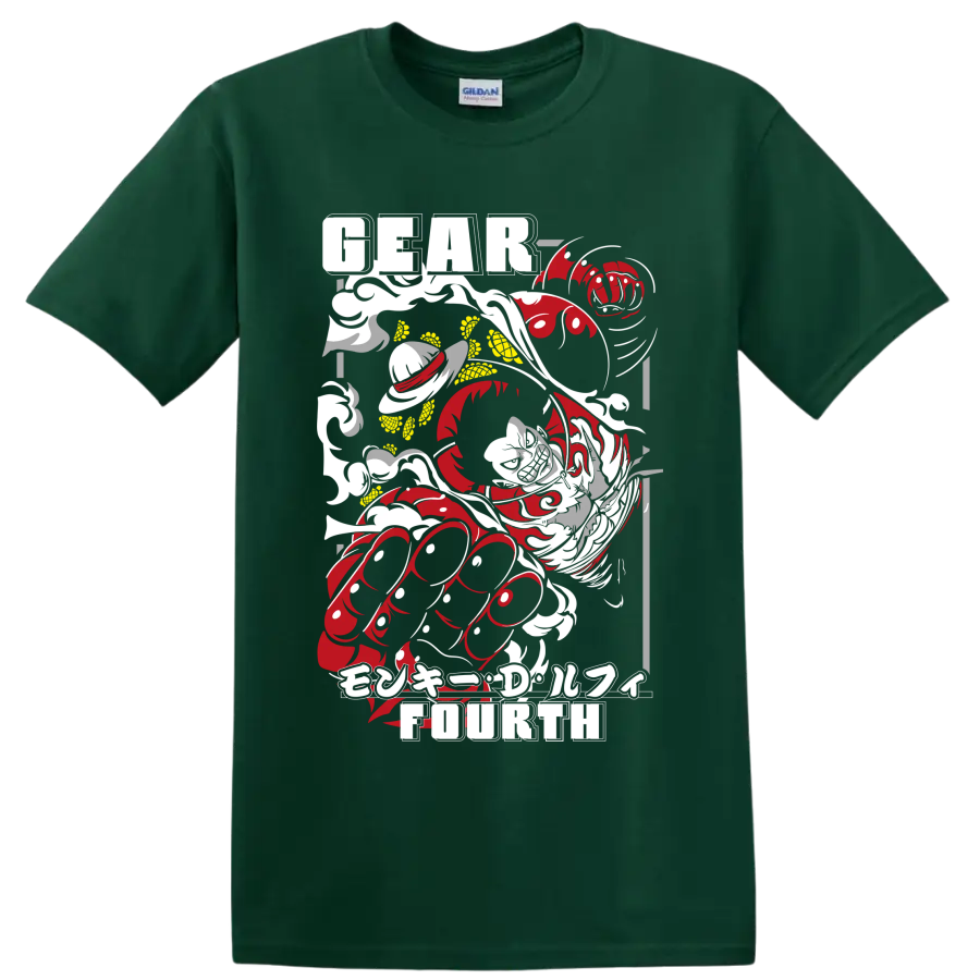 Monkey D. Luffy Gear Fourth distressed red and gray manga action graphic on a Forest Green T Shirt