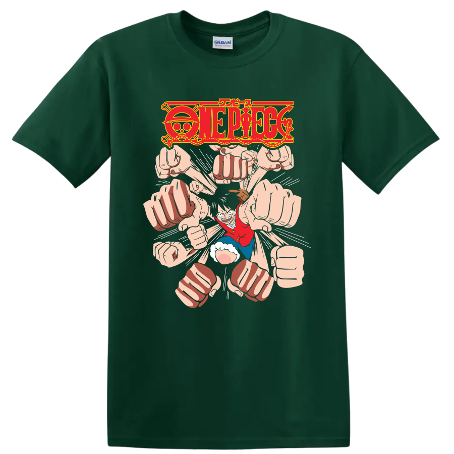 Monkey D. Luffy Gomu Gomu no Gatling manga graphic with One Piece logo and flying fists on a Forest Green T Shirt