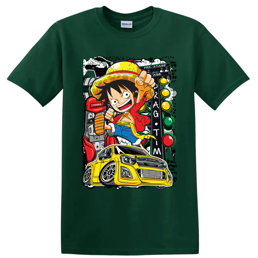 Monkey D. Luffy anime art with yellow Isuzu pickup and Thailook racing scene on a Forest Green T Shirt