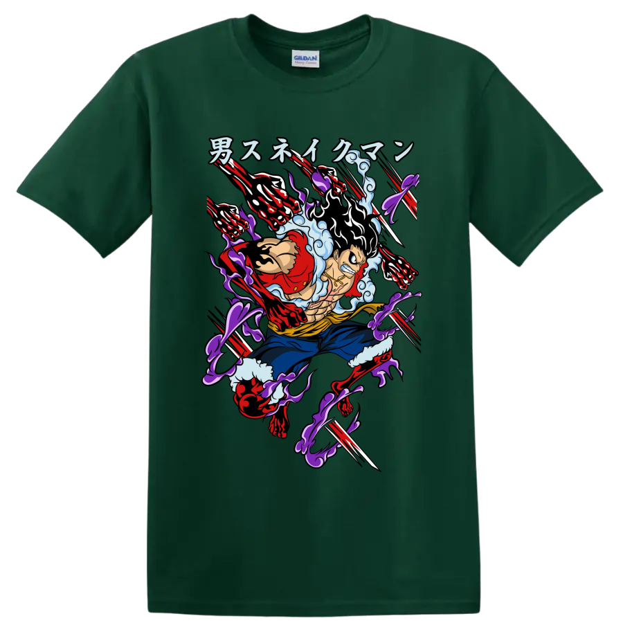 Monkey D. Luffy Gear 4 Snakeman anime-style action graphic with extended arms on a Forest Green T Shirt