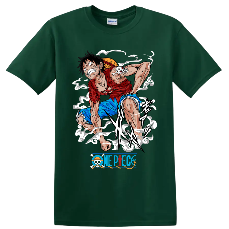 Monkey D. Luffy Gear 2 action graphic with steam effects and One Piece logo on a Forest Green T Shirt