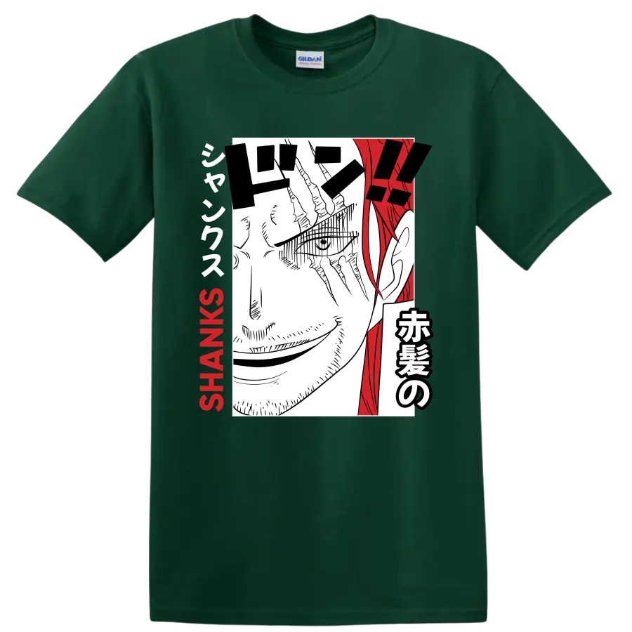 Shanks One Piece manga portrait with red hair, Japanese lettering, and SHANKS text on a Forest Green T Shirt